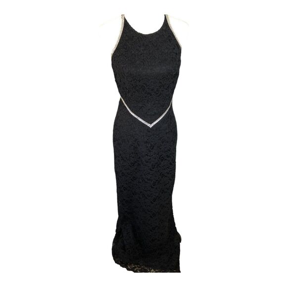 Janine Rare Vintage 90s Rhinestone and‎ Lace Sexy Cocktail Open Back Maxi Gown M - Picture 1 of 16